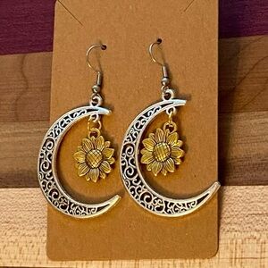 Hand Crafted Hollow Silvertone Filigree Moon with Gold Tone Sunflower Ea…